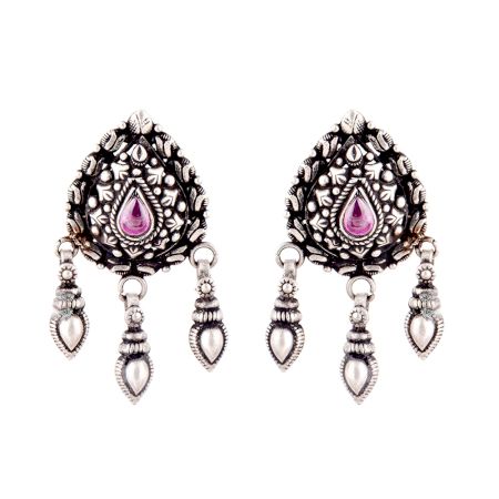 Big Pear Shaped 92.5 Sterling silver Earrings With Amethyst Stone And Three silver Beads Tassels