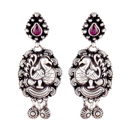 Big Peacock 92.5 Sterling Silver Earrings Danglers With Big Teardrop Amethyst Stone