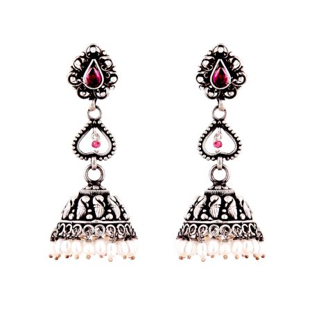 Wired Floral 92.5 Sterling silver Earrings With Pink Jade Motifs And Pearl Tassels Jhumkis