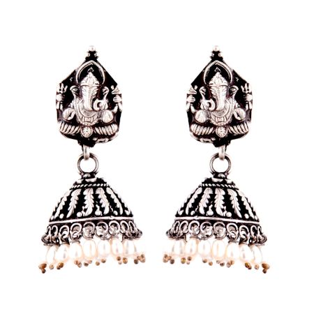 Ganesha 92.5 Sterling silver Earrings With engraved Pattern And Pearl Beads Hangings