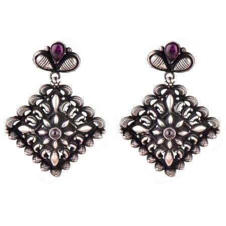 Geometric 92.5 Sterling Silver Earrings Embossed pattern Floral Centre And Border Danglers