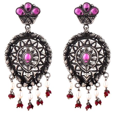 Big Teardrop 92.5 Sterling Silver Earrings Floral Triangular Pattern Studded With Amethyst Red Coral And Pearl