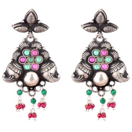 92.5 Sterling Silver Earrings Multicolored Stone Pink Jade Green Onyx Conch And Leafy Pattern Danglers