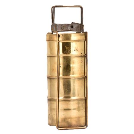Big Brass Tiffin Box With Four Containers And A Brass Strap Frame