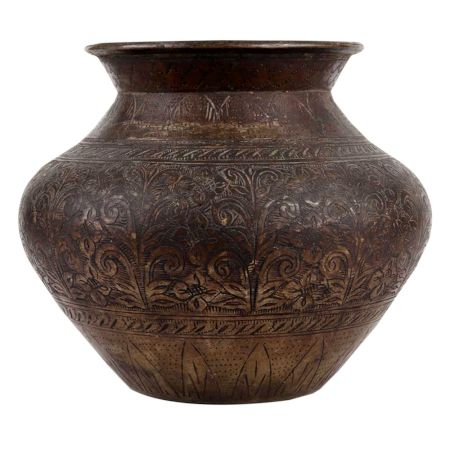 Old Brass Pot Engraved With Flowers And leaves Pattern