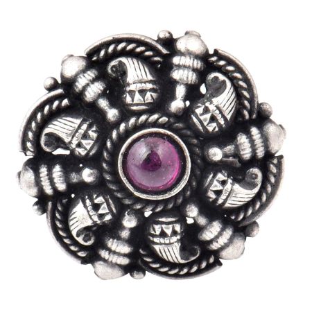 Adjustable 92.5 Sterling Silver Rings Oxidized With Amethyst Stone Traditional Motifs