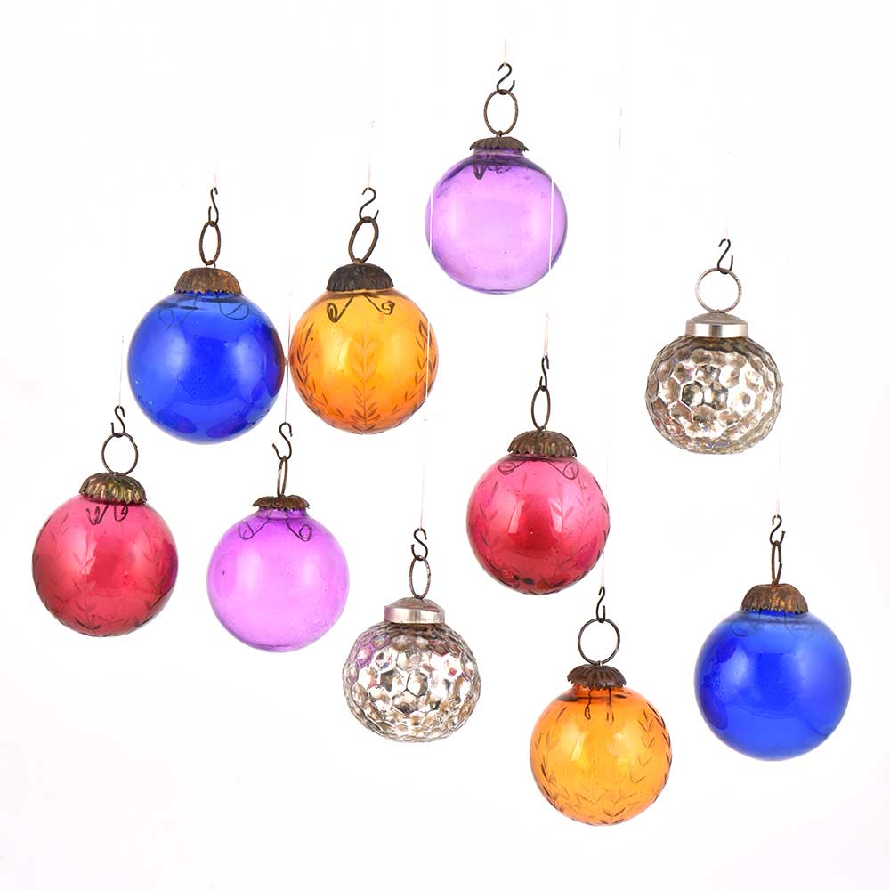 Set of 10 Glass Christmas Ornaments Silver Lined Multicolored Ball Shape Hangings