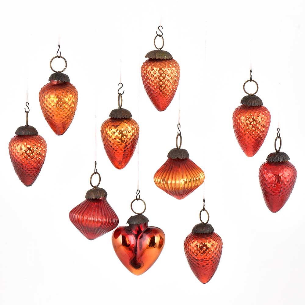 Set Of 10 Fiery Orange Glass Christmas Ornaments In Assorted Styles