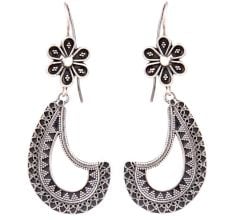 Oxidized 92.5 Sterling Silver Earrings Tribal Cut Engraved bands Dangler For Women