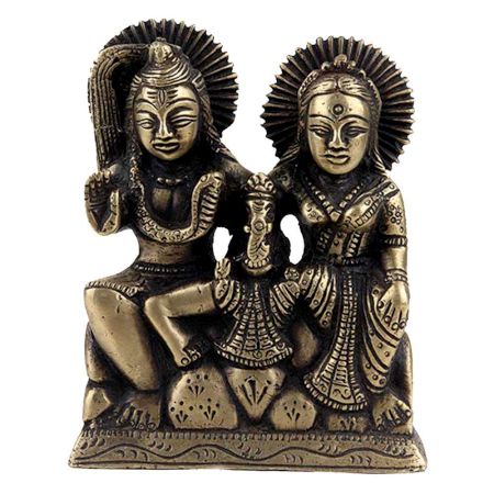 Brass Statue Of Shiv Parvati and Ganesha Sitting Murti Idol