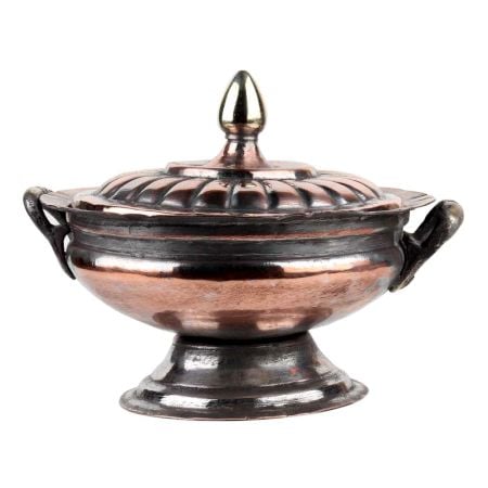 Copper Sugar Bowl With Fluted Design And Final Lid On Stand and Two Handles
