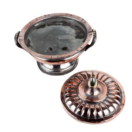 Copper Sugar Bowl With Fluted Design And Final Lid On Stand and Two Handles
