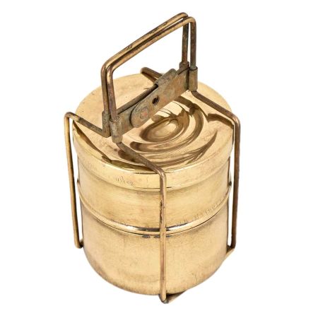 Golden Brass Tiffin Box With Two Container And Brass Strap Frame