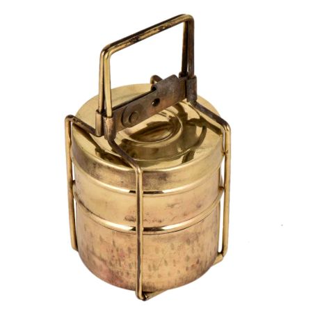Old Brass Tiffin Box With Two Container And  traditional lock On Brass Strap Frame