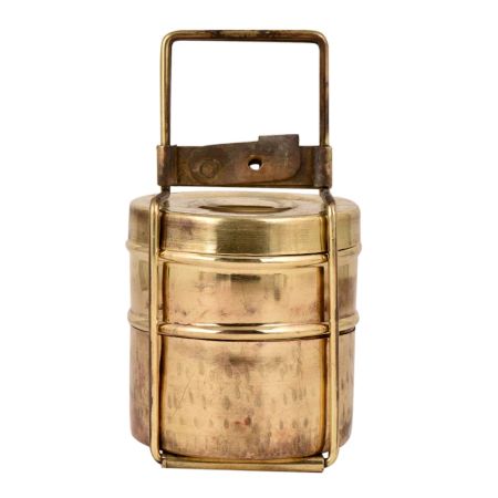 Old Brass Tiffin Box With Two Container And  traditional lock On Brass Strap Frame