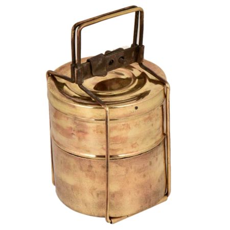 Brass Golden Tiffin Box Two Container Golden Color With Brass Strap Frame
