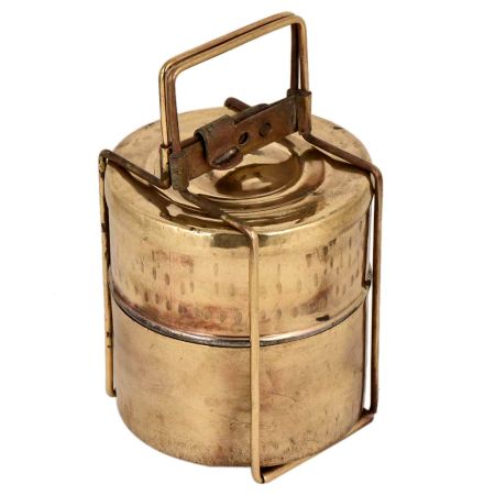 Tribal Two Tier Brass Tiffin Box With a Golden Brass Strap Frame
