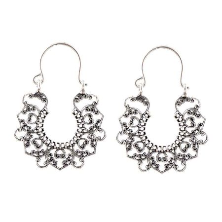 92.5 Sterling Silver Earrings Bali Filigree Heart Drop Dangler
