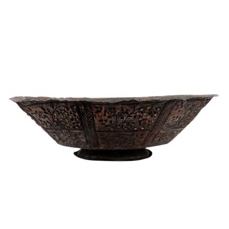 Copper Bowl Engraved Floral Scalloped Edges Geometric Base Fruit Ball