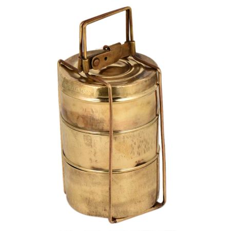 Golden Brass Tiffin Box With Three Compartments With Traditional Lock