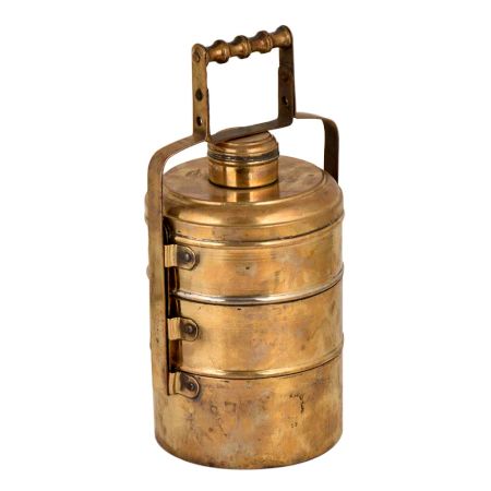 Brass Tiffin Box With Three Containers Small Box Decorative Metal Handle