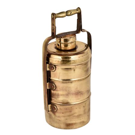 Golden Brass Tiffin Box With Three Container And Decorative Handle On Frame