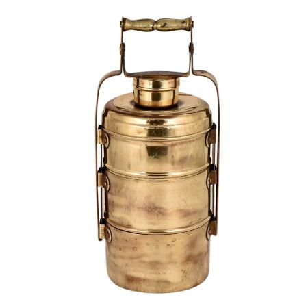 Golden Brass Tiffin Box With Three Container And Decorative Handle On Frame