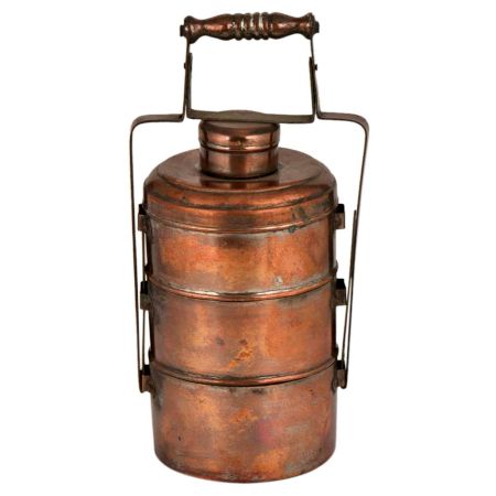 Copper Three Tier Tiffin Box With A Small Box on Top With Adjustable Handle