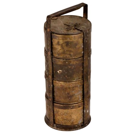 Old Brass Tiffin Box With Four Compartment And A Thick Disc Frame And Lock
