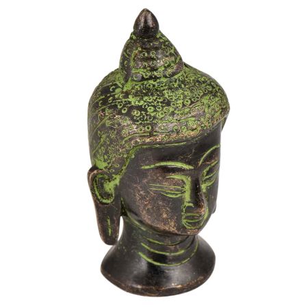 Brass Buddha Head Statue With Eyes Closed Green Patina Finish