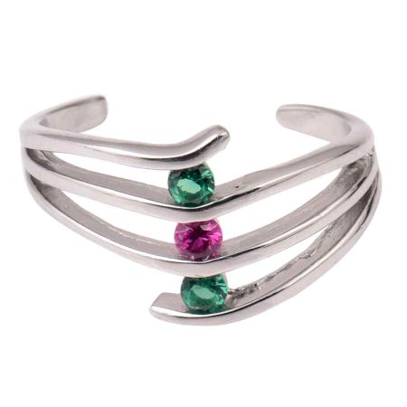 92.5 Sterling Silver Toe ring Layered Design Studded With  Green Onyx and Pink Tourmaline stones (Pair)