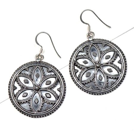 92.5 Sterling Silver Earrings Round Floral Design Filigree Work