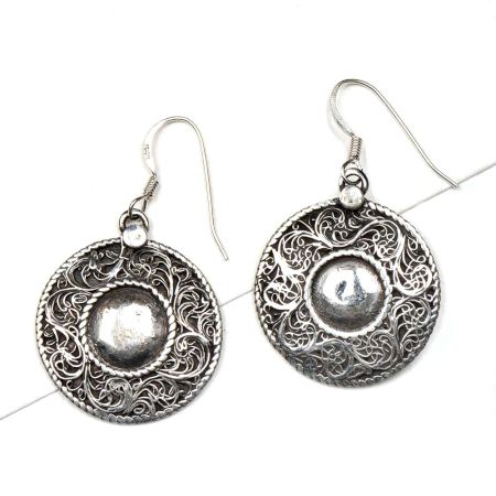 92.5 Sterling Silver Earrings Round Centre With  Filigree Floral Design