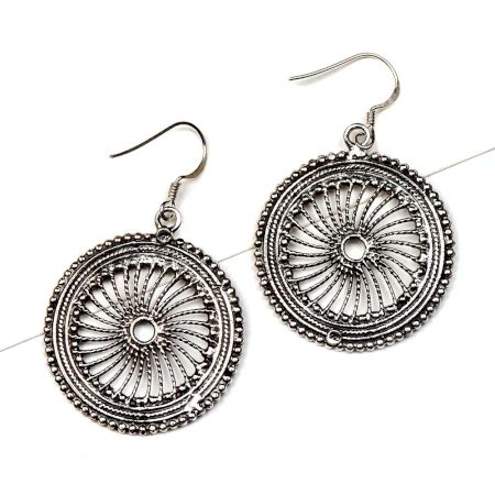 92.5 Sterling Silver Earrings With Wheel Filigree Round Dangler Earrings