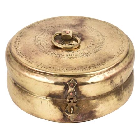 Round Brass Tiffin Box Delicate Design Cross  Pattern On lid With Handle And Latch
