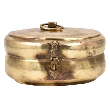 Round Brass Tiffin Box Delicate Design Cross  Pattern On lid With Handle And Latch