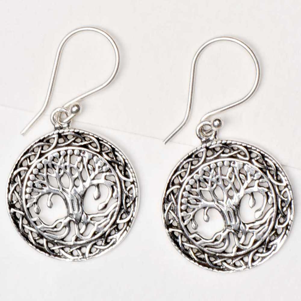92.5 Sterling Silver Earrings Tree Of Life With Long Roots Circular Knotted Border
