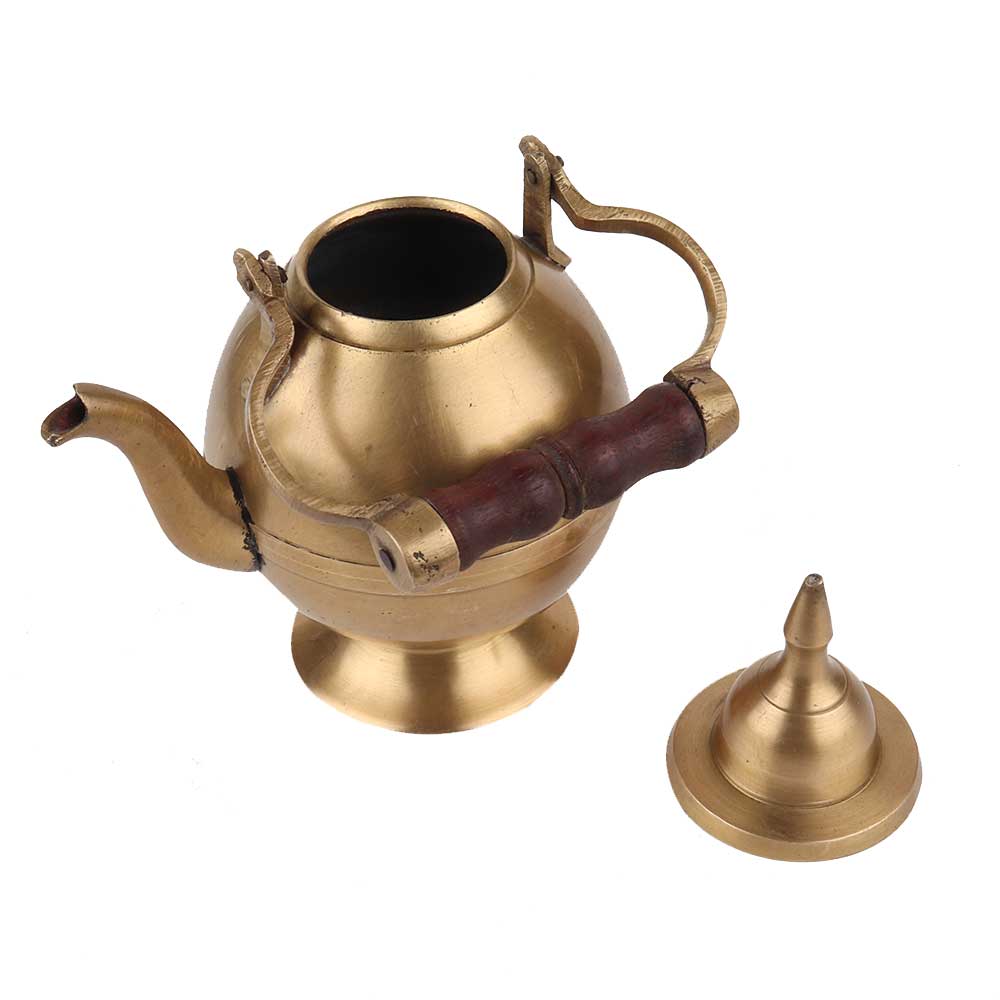 Pure Brass Tea Pot With Wooden Handle and Dome Shape Lid