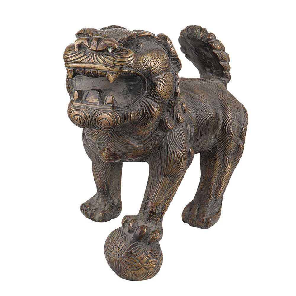 Brass Male Foo Dog Lion Playing Ball Mouth Open Home Decoration statue