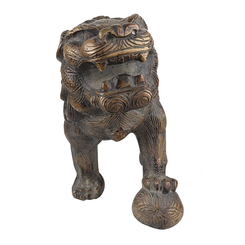 Brass Male Foo Dog Lion Playing Ball Mouth Open Home Decoration statue