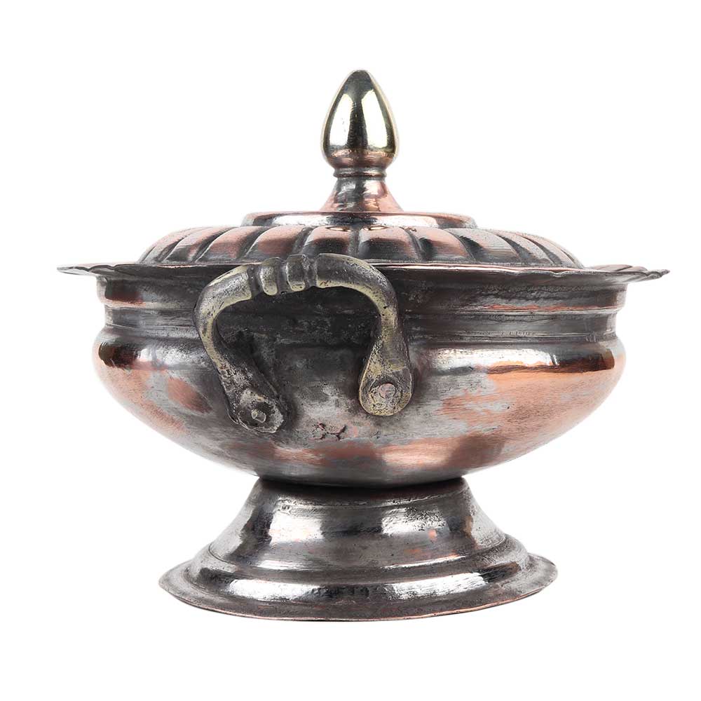 Copper Sugar Bowl With Fluted Design And Final Lid On Stand and Two Handles