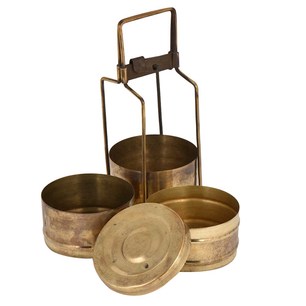 Golden Brass Tiffin Box Three Container Thin Brass Strap And Lock
