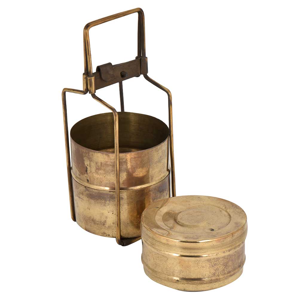 Golden Brass Tiffin Box Three Container Thin Brass Strap And Lock

