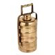 Golden Brass Tiffin Box With Three Container And Decorative Handle On Frame