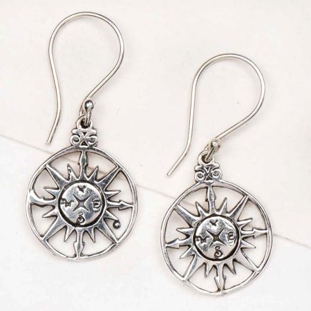 Sun Design Symbols 92.5 Sterling Silver Earrings With Circular Border