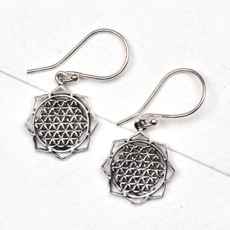 92.5 Sterling Silver Earrings in Floral Circular Sacred Flower Of Life Design