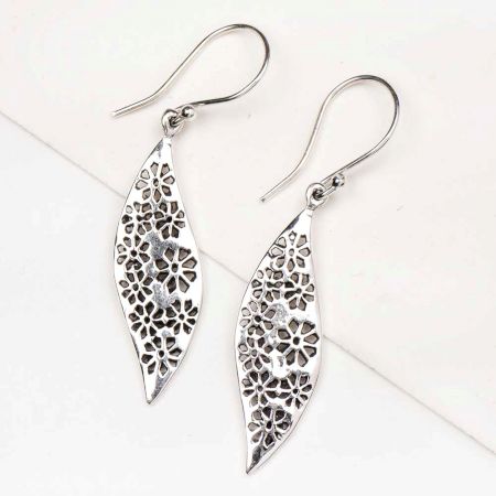 Floral Filigree 92.5 Sterling Silver Earrings Long Oval Drop Earrings