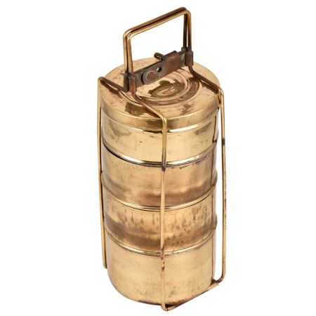 Four Compartment Brass Tiffin Box With A metal Frame And a Lock