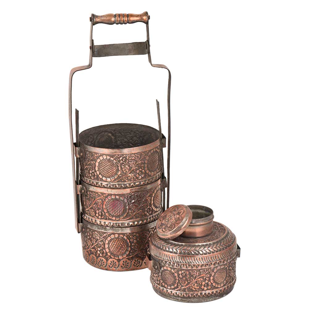 Copper Tiffin Box Three containers With Big Flower And Leaves Engraved