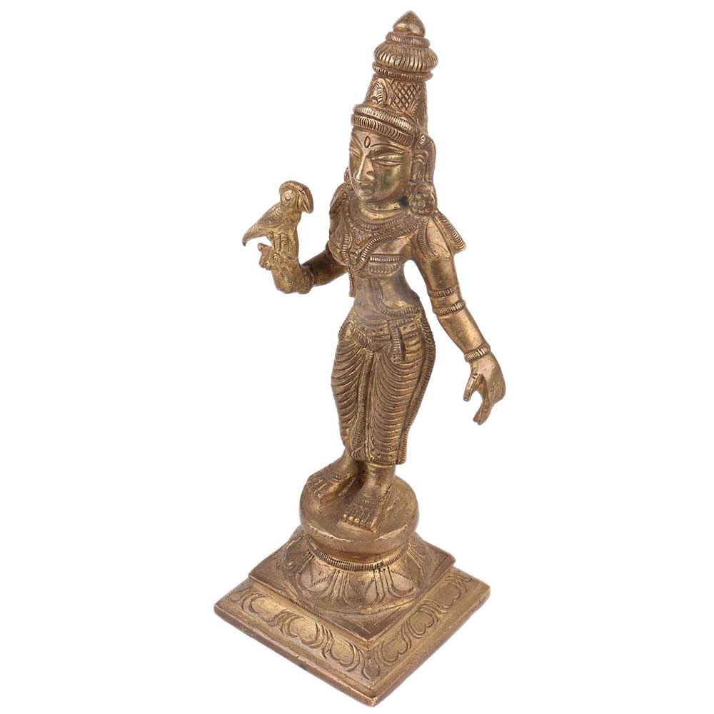 Brass Parvati Statue Standing With Parrot
